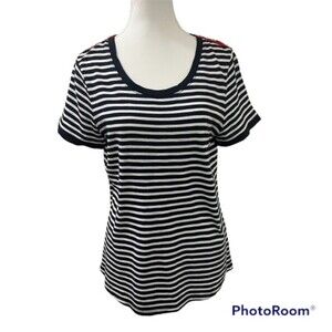 Talbots Petite Womens Navy Blue & White Striped Short Sleeve Shirt Size Large